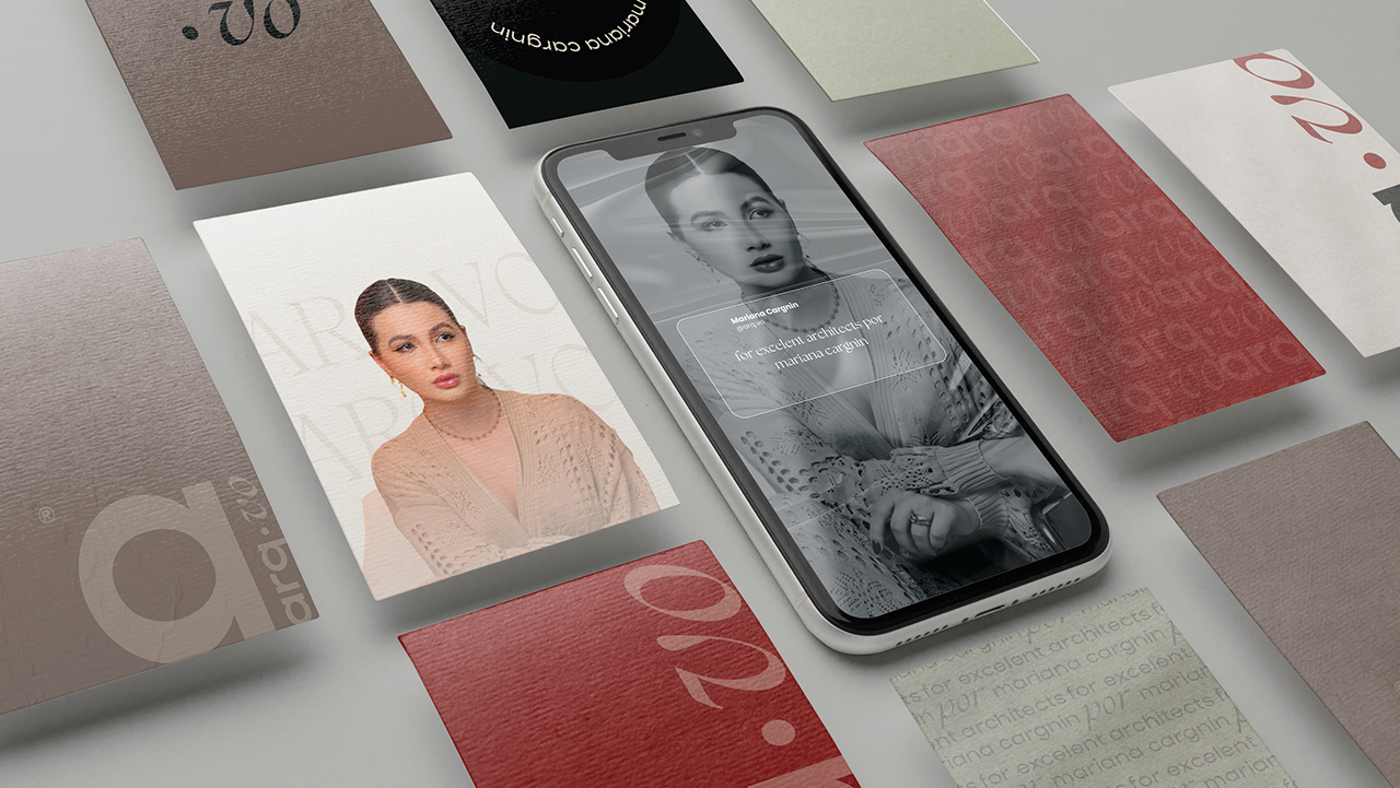 Identidade da Arq.vo aplicada em cartões e interface mobile